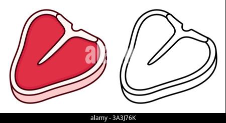 Icône de steak T-bone de dessin animé, morceau de viande avec os. Dessin en couleur et icône de ligne noir et blanc. Illustration clip art vectorielle isolée. Illustration de Vecteur
