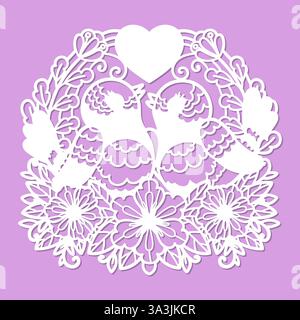 Une paire d'oiseaux parmi les fleurs et les branches. Gabarit pour découpe laser à partir de papier, bois, carton, métal, etc Pour concevoir des cartes de mariage, intérieur Illustration de Vecteur