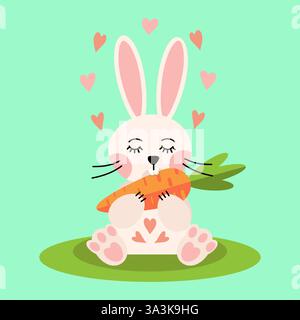 Drôle lapin mignon Cartoon Bunny mangeant carotte Illustration de Vecteur