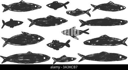 Jeu de doodle de poissons. Formes de marqueurs dessinées à la main de sardines. École de poissons. Illustration nautique monochrome vectorielle par crayon isolé sur fond blanc. Illustration de Vecteur