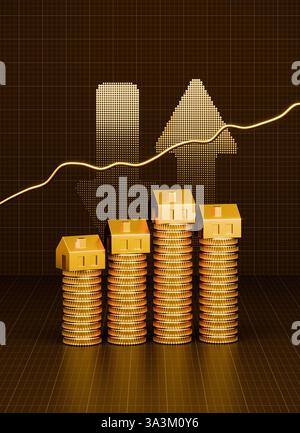 Hausse des prix pour le concept immobilier : maisons sur des piles de pièces d'or, des flèches demi-teintes et un graphique en hausse - fond est le style de papier à l'échelle. Banque D'Images