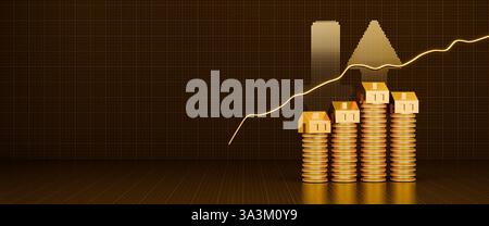 Hausse des prix pour le concept immobilier : maisons sur des piles de pièces d'or, des flèches demi-teintes et un graphique en hausse - fond est le style de papier à l'échelle. Copier spac Banque D'Images