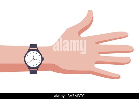 Main avec montre s'étire et montre l'heure. Illustration d'un homme. Illustration de Vecteur