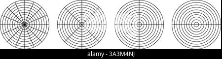 Diagrammes ronds divisés en segments. Diagrammes circulaires avec cercles concentriques coupant sur 16, 8, 4 et 2 parties égales. Modèles de tracker roue de la vie ou habitudes. Illustration graphique vectorielle. Illustration de Vecteur