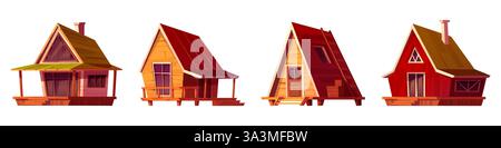 Ensemble de cabane en rondins avec structures en bois. Chalets de campagne avec toits abrupts, porches et fenêtres cintrées pour une architecture forestière rustique. aspirateur confortable Illustration de Vecteur