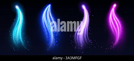Flèches lumineuses magiques serties de particules scintillantes - lignes courbes lumineuses au néon en bleu, violet, rose sur fond sombre. Mystique brillant Illustration de Vecteur