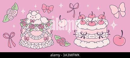 Gâteaux de style Kawaii avec décoration d'arc coquette isolé sur fond rose. Illustration de bande dessinée vectorielle contemporaine de dessert sucré avec whippe Illustration de Vecteur