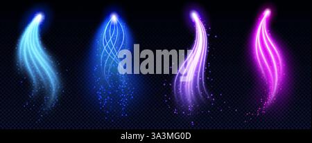 Flèches lumineuses magiques serties de particules scintillantes - lignes courbes lumineuses au néon en bleu, violet, rose sur fond sombre. Mystique brillant Illustration de Vecteur
