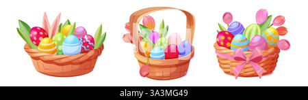 Paniers de Pâques ensemble isolé sur fond blanc. Illustration vectorielle de dessins animés de boîtes en osier avec des œufs de couleur, des fleurs, des oreilles de lapin et un décor d'arc de ruban Illustration de Vecteur