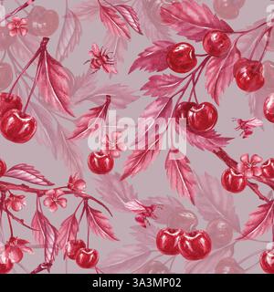 Cerise fraîche sur la branche avec des feuilles. Cerisiers en fleurs. Modèle monochrome sans couture avec des abeilles. Illustration aquarelle sur le fond gris. Mûr Banque D'Images