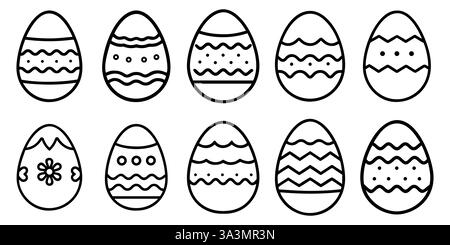 Set d'œufs de Pâques. Icônes d'oeufs linéaires de printemps avec différentes décorations de motif. Pack d'illustration de Pâques de style Doodle pour carte, invitation, impression, autocollant Illustration de Vecteur