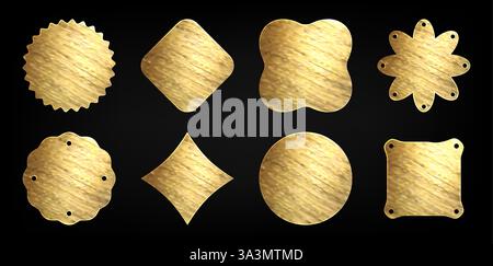 Jeu d'autocollants en feuille d'or avec différentes formes - étiquettes rondes ondulées, étiquettes en diamant, badges carrés, emblèmes rectangulaires. Éléments de design texturés métalliques brillants pour l'emballage de produits, la marque ou la décoration. Illustration de Vecteur