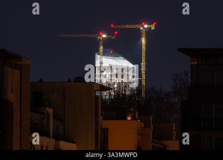 Berlin, Allemagne. 17 mars 2025. Les grues d'un chantier de construction sur la Tour Estrel peuvent être vues derrière les bâtiments résidentiels et commerciaux sur Rummelsburger See. L'Institut de recherche économique de l'ifo présentera ses prévisions économiques pour le printemps 2025 lors d'une conférence de presse. Crédit : Soeren Stache/dpa/Alamy Live News Banque D'Images