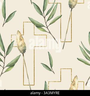 Croix d'or avec branche d'olivier et herbe de Pampas modèle sans couture illustration peinte à l'aquarelle. Silhouette croisée avec des herbes sèches. Tissu pour Banque D'Images