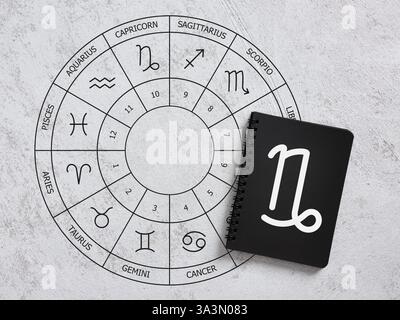 Roue du zodiaque avec des signes astrologiques dessinés sur la surface grise et cahier avec le signe Capricorne Banque D'Images
