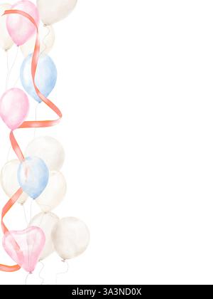 Ballons bleu clair, rose et beige et ruban rouge satiné. Illustration numérique aquarelle. jolie bordure festive sur carte isolé sur fond blanc. F Banque D'Images