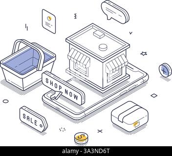 Marché en ligne avec un panier d'achat, une petite structure de vente au détail, des étiquettes de vente et divers éléments numériques, mettant l'accent sur le commerce électronique et le shopping en ligne acti Illustration de Vecteur