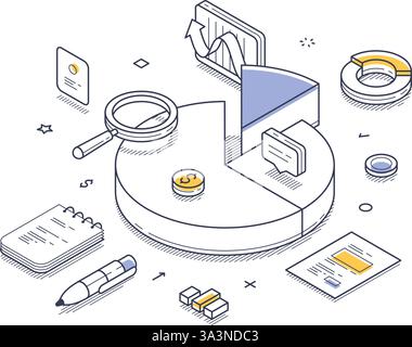Analyse de marché grâce à une visualisation détaillée avec des diagrammes circulaires, des graphiques et des outils comme une loupe. Vecteur moderne d'art de ligne isométrique ill Illustration de Vecteur