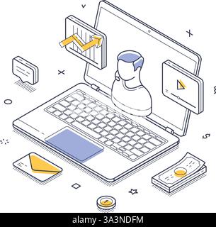 Concept de consultation financière. Un ordinateur portable avec des graphiques et des icônes symbolise l'analyse financière numérique et les outils et services financiers modernes. Vecteur i Illustration de Vecteur