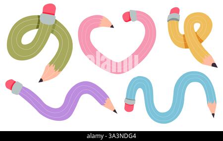Crayon comique courbé torsadé doodle croquis. Crayon simple dessiné à la main. Fournitures scolaires flexibles funky. Outil d'écriture tendance. Illustration vectorielle Illustration de Vecteur
