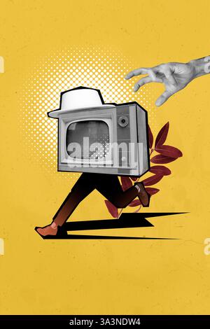 collage de tendance d'affiche d'esquisse 3d de l'homme anonyme au lieu de la tête moniteur de télévision main veulent saisir les feuilles de plante 3d regarder le film Banque D'Images
