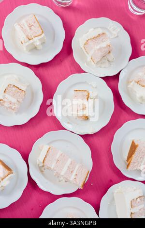 Tranches de gâteau en couches roses sur des assiettes blanches sur une nappe rose. Banque D'Images