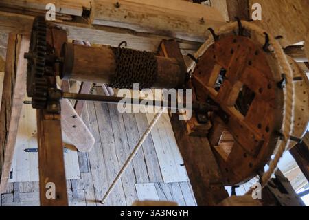 16 mars 2025 - Neubruchhausen-Allemagne : vue d'ensemble de l'équipement de broyage : mélangeur de farine restauré à l'intérieur d'un moulin à eau historique. Banque D'Images