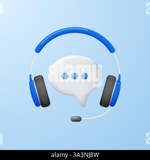 Casque avec microphone et bulle de parole dans le style 3D. Concept de service d'assistance téléphonique, de centre d'appel ou de consultation en ligne. Illustration vectorielle. Illustration de Vecteur