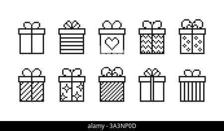 Ensemble d'icônes de boîte cadeau pixel art. Éléments de paquets présents isolés sur fond blanc. Illustration vectorielle Illustration de Vecteur