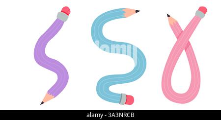 Crayon comique courbé torsadé doodle croquis. Crayon simple dessiné à la main. Fournitures scolaires flexibles funky. Outil d'écriture tendance. Illustration vectorielle Illustration de Vecteur