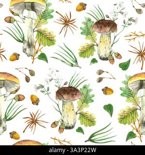 Motif aquarelle sans couture sur un thème de forêt. Champignons comestibles, aiguilles de conifères, feuilles de chêne, glands, tous les objets sont dessinés à la main avec Banque D'Images