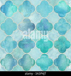 Motif sans couture de feuille de trèfle de style gothique aquarelle. Fond abstrait de luxe à l'aquarelle dessiné à la main avec feuilles de trèfle turquoise turquoise sarcelle et con or Banque D'Images