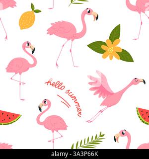 Motif sans couture Flamingo. Oiseaux de flamants roses tropicaux et feuilles exotiques. Motif imprimé emballage papier peint en tissu décoratif. Animaux sauvages, vecteur classe Illustration de Vecteur