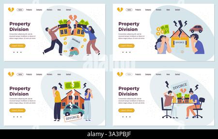 Division du débarquement de propriété. modèles de page web d'affaires avec des images conceptuelles de personnages de divorce Illustration de Vecteur