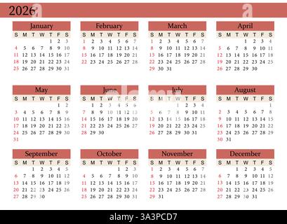 Vecteur de calendrier annuel 2026 en rouge, dimanche début, conception propre, modèle imprimable Illustration de Vecteur