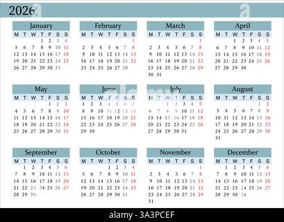 Vecteur de calendrier annuel 2026 en bleu, lundi début, propre design, modèle imprimable Illustration de Vecteur