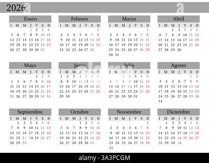 Vecteur de calendrier annuel 2026 en espagnol, lundi début, Clean Design, modèle imprimable Illustration de Vecteur