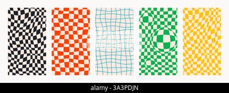 Arrière-plans abstraits en damier Groovy. Ensemble de motifs rétro psychédéliques dans des couleurs rétro. Texture vectorielle branchée torsadée et à carreaux Illustration de Vecteur