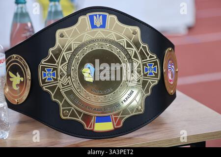 ODESSA, UKRAINE - 10 mars 2025 : Coupe d'Ukraine de boxe entre hommes et femmes. Cérémonie d'ouverture de la compétition, concert, prix, entraîneurs, juges, par Banque D'Images