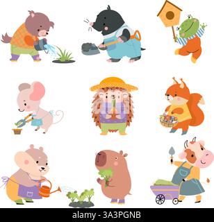 Animaux jardiniers. Drôle de petite plantation d'animaux et de jardinage, cultiver des plantes. Personnages mignons arrosant, creusant le sol, taillant les plantes. Travaux de jardin Illustration de Vecteur