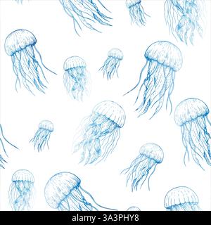 Modèle sans couture avec vecteur belle méduse. Croquis peint à la main. Clip art graphique isolé sur fond. Illustration sous-marine. Pour les concepteurs Illustration de Vecteur