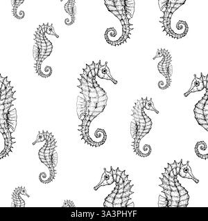 Modèle sans couture avec hippocampe vecteur. Ligne peinte à la main Clip art tropical graphique isolé sur fond. Illustration sous-marine. Pour les concepteurs Illustration de Vecteur