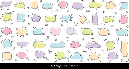 Bulles de parole en ligne lâche. Boîtes de citation, bulle de pensée, nuages de texte de pensée et formes de cadre de message griffonner. Modèles de devis vierges, main mignonne Illustration de Vecteur