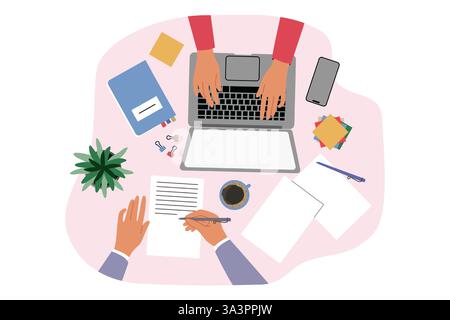 Mains de gens d'affaires travaillant dans le bureau à une table, tapant sur ordinateur portable et signant des documents Illustration de Vecteur