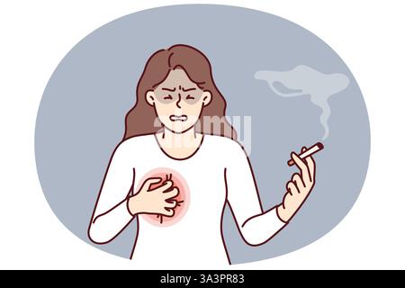 La femme fume avec des problèmes cardiaques a besoin d'abandonner les cigarettes et le tabac pour éviter de mourir du cancer. La fille malade ressent une douleur sévère dans la poitrine en raison du tabagisme à long terme de cigarettes à la nicotine. Illustration de Vecteur