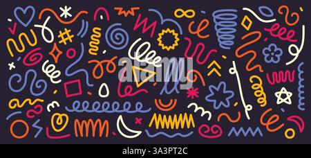 Lignes colorées abstraites griffées. Griffonnages dessinés à la main, lignes sinueuses et ondulées, grincements, tourbillons et spirales. Traits géométriques avec bords arrondis Illustration de Vecteur