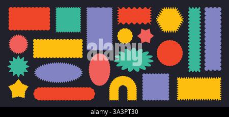 Formes échancrées abstraites. Grincez les cadres d'autocollants, les étiquettes de prix dentelées, les étiquettes vierges aux bords ondulés. Zone de texte à bordure ondulée, timbre-poste et Starburst Illustration de Vecteur