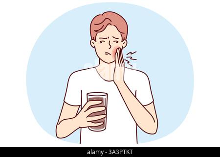 L'homme souffre de maux de dents causés par la boisson froide et a besoin de médicaments contre la douleur et de dentiste. Un mec ayant des maux de dents associés à des caries ou à la stomatite tient un verre de médecine pour le bain de bouche. Illustration de Vecteur