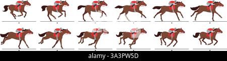 Cadres d'animation de courses de chevaux. Cheval de course avec séquence de cycle de galop animé par jockey. Étapes de mouvement de sport équestre, vecteur de dessin animé Illustration de Vecteur