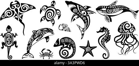 Tatouages d'animaux tribaux polynésiens. Créatures océaniques de style maori comme raie, tortue de mer, requin, baleine, dauphin, crabe, étoile de mer, hippocampe et méduses Illustration de Vecteur